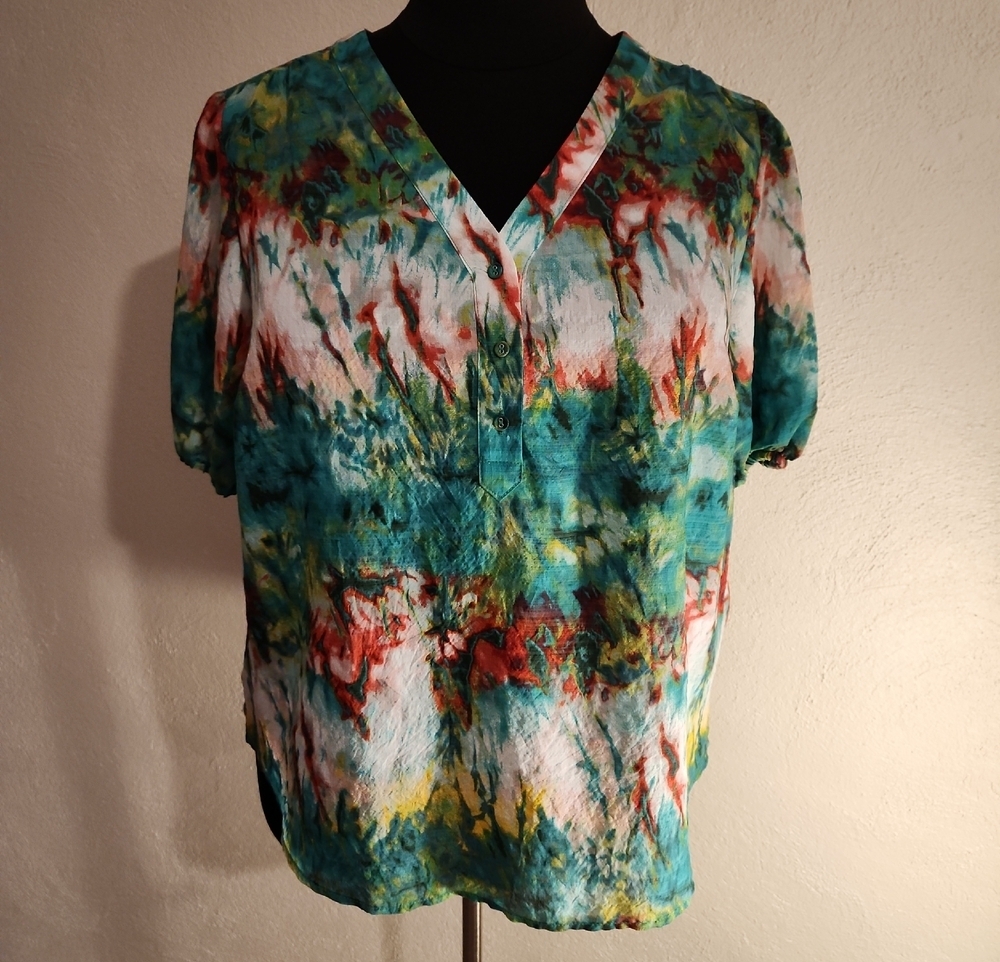 Investments Slim Factor Teal Multi Color Short Sleeve V Neck Blouse Size 1X NWT